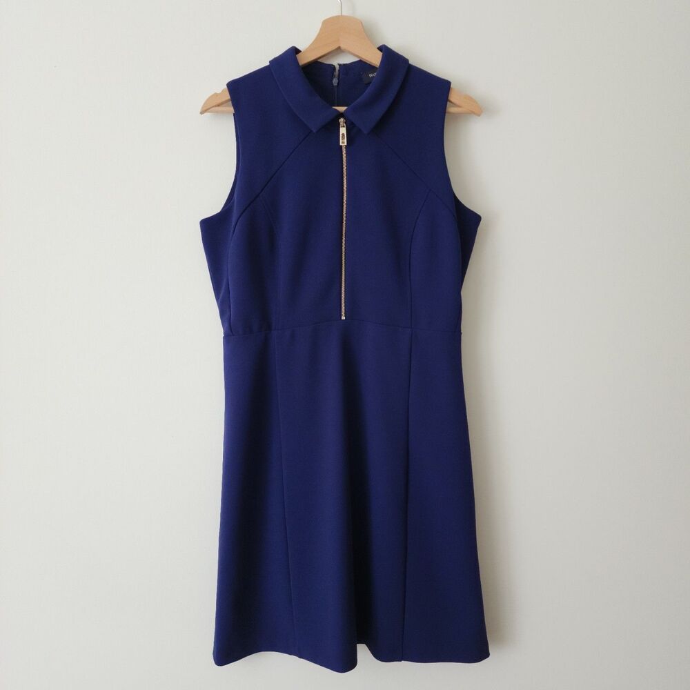 Ivanka Trump Women's Navy Blue Fit Flare Dress Collared Sleeveless Gold Zip 8